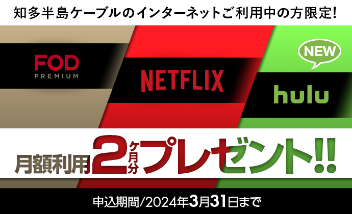 Netflix・FOD2・Hulu2ヶ月プレゼント