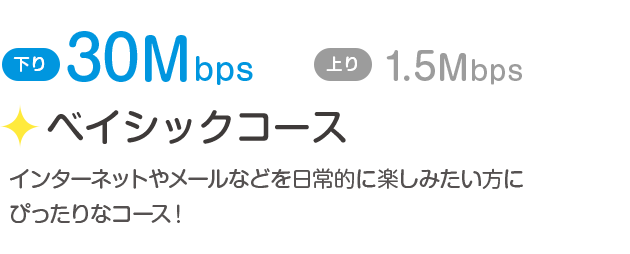 下り30Mbps／上り1.5Mbps「ベイシックコース」インターネットやメールなどを日常的に楽しみたい方にぴったりなコース！