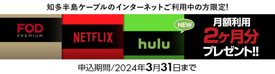 Netflix・FOD2・Hulu2ヶ月プレゼント